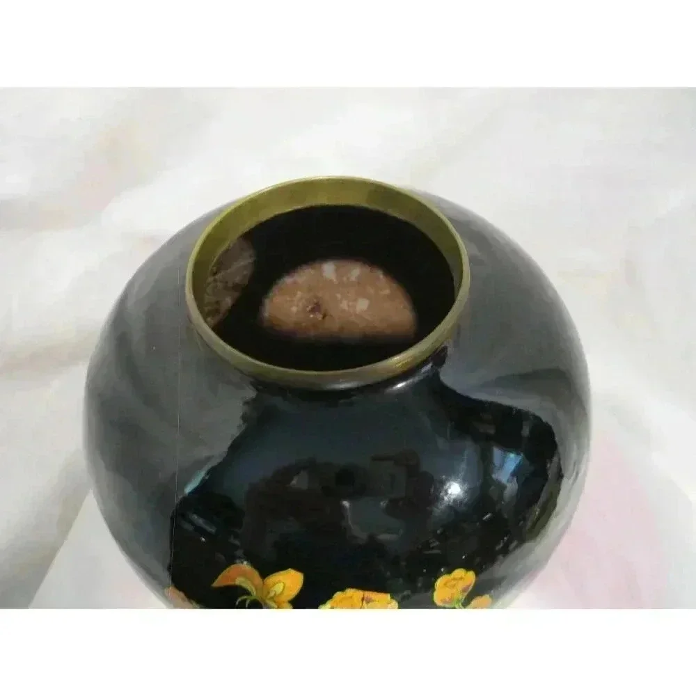 Vase, Black Lacquered Brass Vase with peacock and floral decoration‎